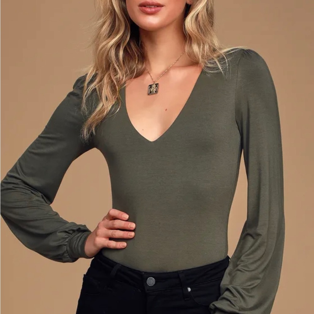 Lulu's Sage V-Neck Long Sleeve Bodysuit - Picture 2 of 11